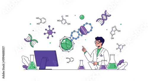 A scientist in a laboratory environment analyzes complex molecular structures, DNA strands, and chemical formulas on a futuristic interface.