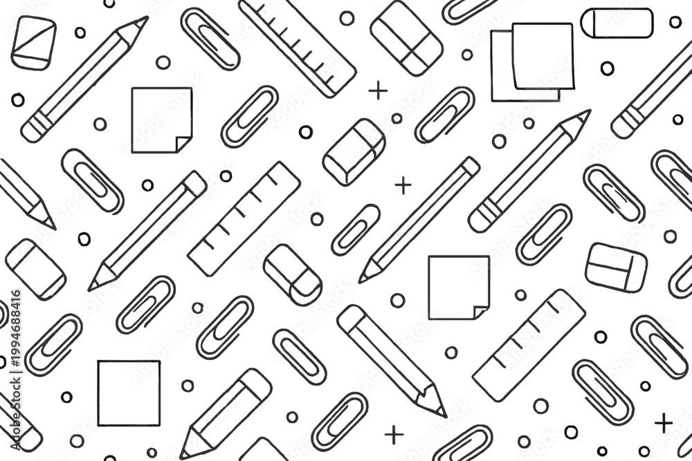 Obraz premium Pattern featuring stationery motifs like pencils paper clips erasers rulers sticky notes dots and tiny accents for wrapping and supplies.