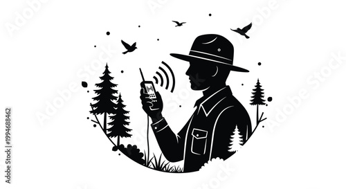 A silhouette of a park ranger in a forest setting using a walkie-talkie for communication, with pine trees and birds in the background.