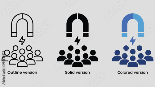 Lead generation icon with magnet attracting people. Symbol of customer acquisition, marketing funnel, audience targeting and sales growth. Ideal for CRM systems, digital marketing, business analytics 