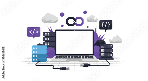 A modern IT infrastructure concept with a central laptop connected to cloud servers, representing DevOps, software development, and web hosting services.