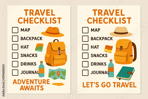 Two A4 banners showing travel checklists with maps backpacks hats snacks drinks journals and cheerful quotes.