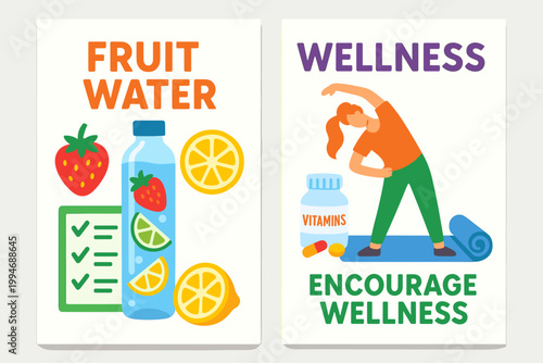 Two health banners showing fruit water checklist vitamins stretching mat and encouraging wellness text.