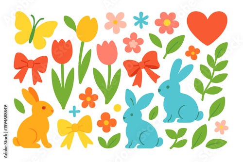 Holiday spring elements including tulips butterflies bows rabbits hearts blossoms leaves and cheerful shapes.