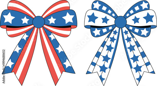 Two patriotic Americanthemed bows decorated with stars and stripes on a white background