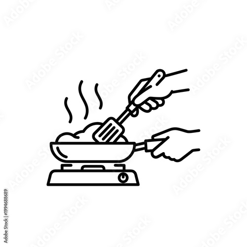 A person cooking food in a frying pan for use as a UI icon, culinary blog graphic, or recipe app element. The clean line style is suitable for kitchenware websites, meal planning guides, and menus.