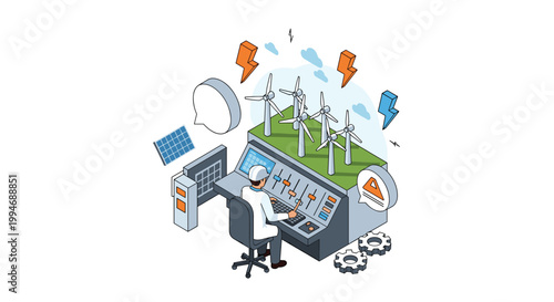 An engineer at a control panel manages a renewable energy power station with wind turbines and solar panels in an isometric view.