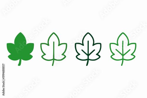 Four style leaf icon rendered as solid glyph outline minimal flat green and cartoon style for eco themes.