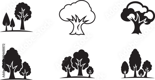 A black and white graphic set of tree icons. The icons depict various tree shapes and sizes, including small saplings, mature trees, and trees with clouds.
