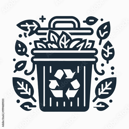 Compost Bin Filled with Organic Waste and Leaves, Recycling Symbol Icon Illustration for Environmental Sustainability and Eco-Friendly Garden Waste Management