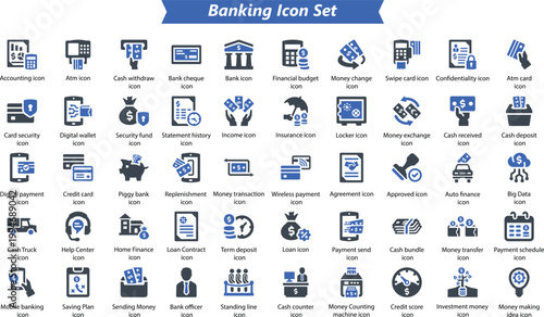Set of flat banking and financial icons featuring money business credit card and accounting symbols