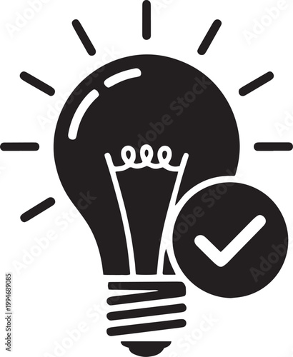 A black and white icon depicts a light bulb with a checkmark overlay. The light bulb emits rays of light, symbolizing an idea or innovation.