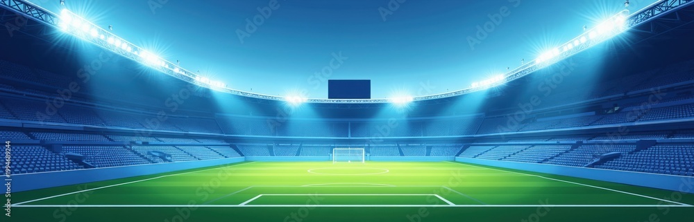 Obraz premium Brightly lit soccer stadium with empty blue seats and green field. Wide stadium perspective, arena floodlights illuminate grass pitch. Sports complex background for game or event.