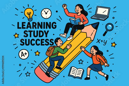 Learning study success flat cartoon comic banner with oversized pencil and tiny students climbing.