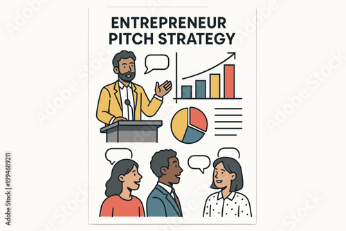 Entrepreneur pitch strategy vector A4 poster with visuals of speakers charts and team members.