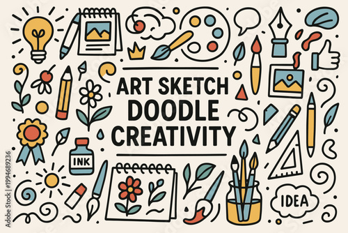 Art sketch doodle creativity flat vector poster with headline surrounded by scattered icons.