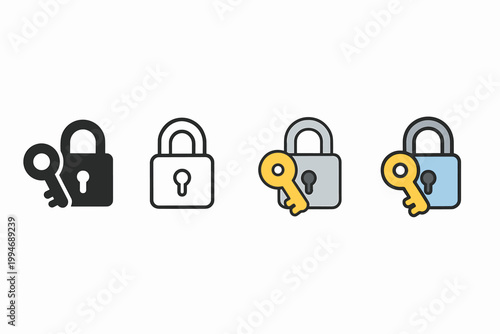 Key lock security four style vector icon set representing privacy and access tools.