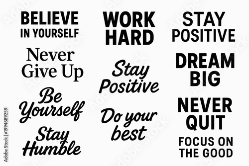 Motivational phrase message vector wordmark logo set offering typographic diversity.