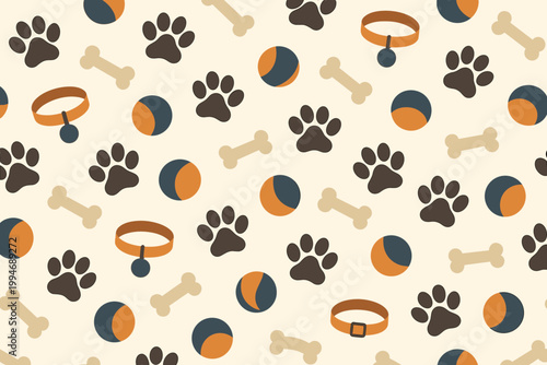 Pets animals nature vector seamless pattern featuring pawprints bones balls and collars.