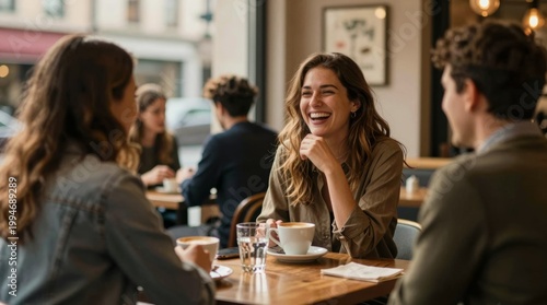 Joyful friends enjoying coffee at a cozy cafe with warm ambiance