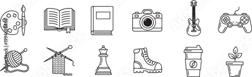 A collection of black and white line art icons arranged in a grid. The icons depict various creative and leisure activities and objects.