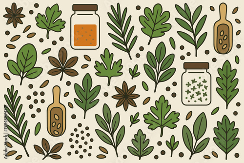 Kitchen herbs spices vector seamless pattern including leaves jars scoops seeds.