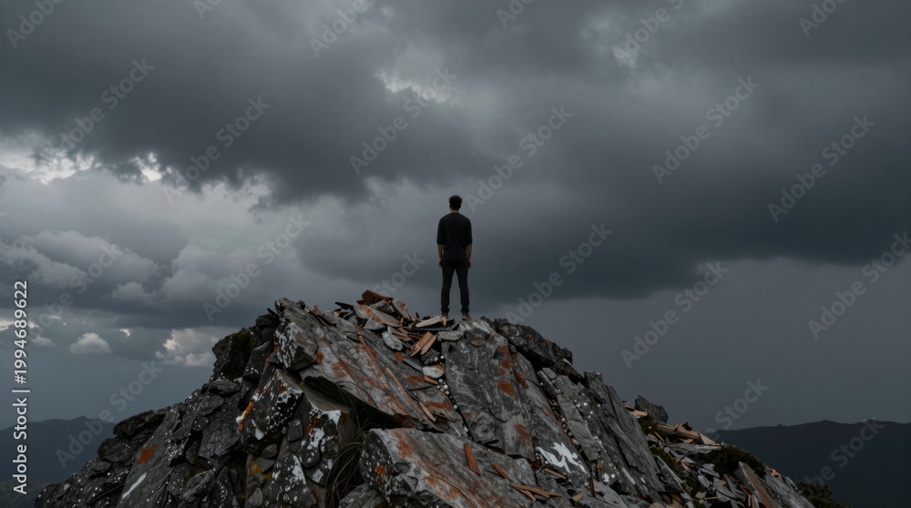 Obraz premium Person Standing Alone on Rocky Mountain Under Dramatic Cloudy Sky