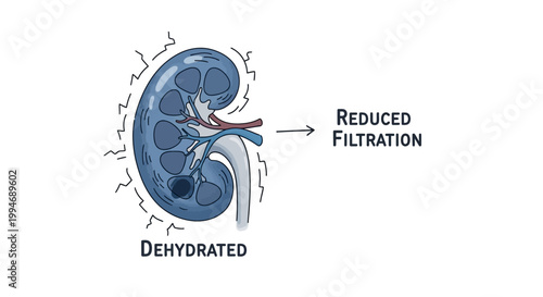 Dehydrated human kidney medical illustration.