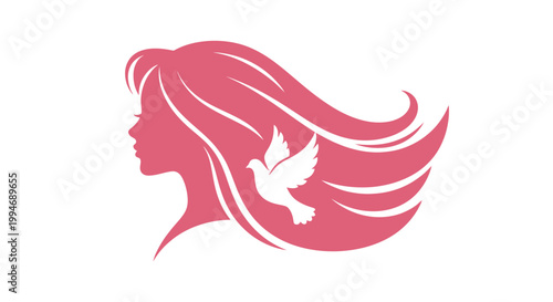 Elegant woman profile with flowing hair and white dove icon