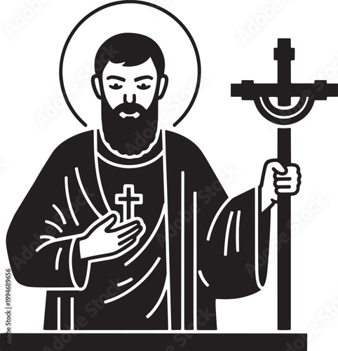 A black and white illustration depicts a saint holding a cross. The saint is a man with a beard and a halo.