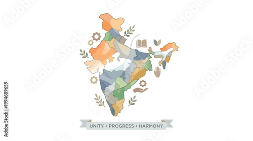 India map illustration representing unity, progress, and harmony with diverse symbols for national development and independence day celebrations