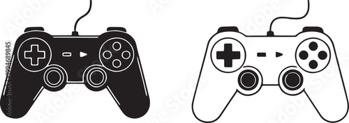 Two black and white game controller icons are displayed. The controllers are shown in a side-by-side arrangement on a white background.