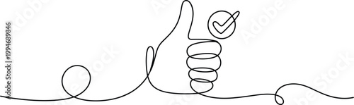 Continuous line art illustration of a thumbs up symbol with a checkmark inside a circle