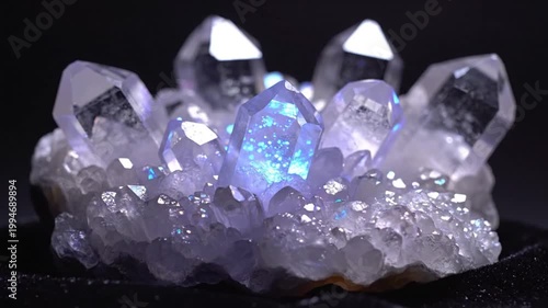 Close-up of a cluster of iridescent crystals on a black surface with a dark background.