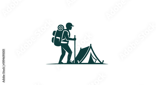 Hiker with backpack and tent equipment.