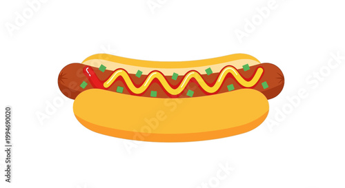 Hot dog with condiments on bun.