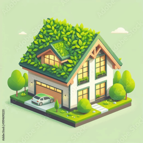 Sustainable Eco-Friendly House with Green Roof and Electric Car Isometric Illustration