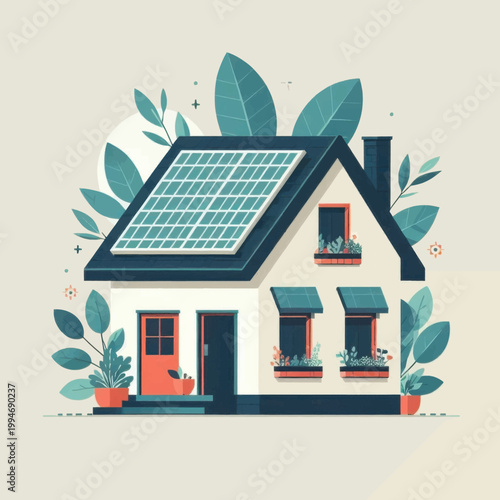 Eco-Friendly House Illustration with Solar Panels and Green Plants, Sustainable Living and Renewable Energy Concept