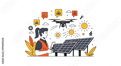 A female engineer uses a remote control to operate a surveillance drone flying over a set of solar panels under a bright sun with various data icons nearby.