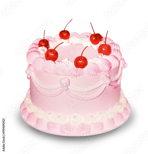 A high-resolution professional shot of a classic Lambeth-style pink cake. Intricate over-piping techniques, elaborate pink royal icing rosettes, and delicate white drapes with edible pearls. Topped