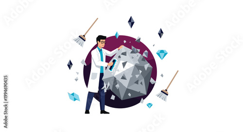 A scientist in a lab coat meticulously cleans a large multifaceted mineral with a brush, surrounded by floating crystals and brooms against a circular backdrop.