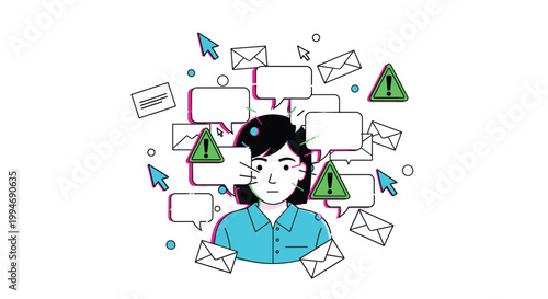 A vector illustration of a person feeling overwhelmed by a barrage of digital notifications, emails, and warning alerts on a white background.