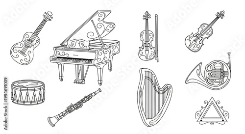 Musical instruments icons in illustration.
