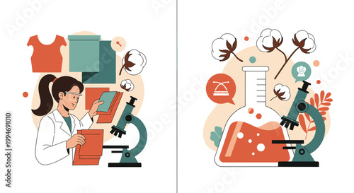 A conceptual illustration depicting textile science and research, with a scientist examining fabrics and a composition of lab equipment with cotton.