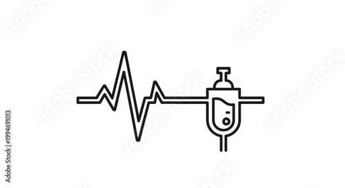 Heartbeat EKG line connected to IV drip bag, symbolizing medical treatment and life support