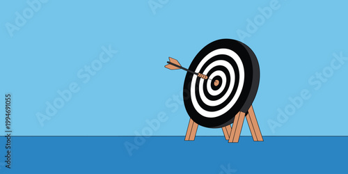 A single arrow has successfully hit the bullseye on a dartboard supported by wooden legs