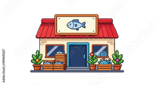 A cute pixel art fish market featuring a red roof, a prominent fish sign, and wooden crates filled with seafood displayed outside the storefront.