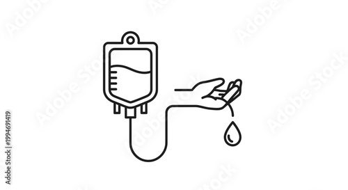 IV Drip Bag and Hand Icon: Medical Infusion, Healthcare, and Blood Donation Symbol