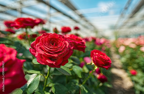 Red Roses Blooming in Greenhouse Rows Detailed Petals Natural Light Botanical Garden Setting