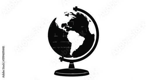 Black silhouette globe earth map on stand isolated on white background, symbolizing global geography and world travel, educational and business concepts